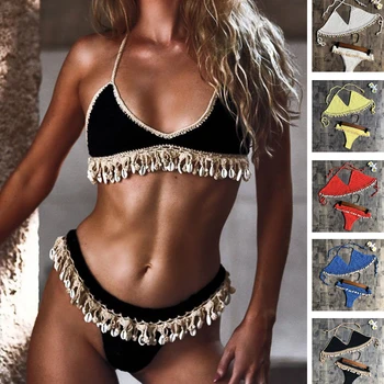 Crochet Bikini Set Shell Tassels Bikini Brazilian Crochet Swimsuit Women Halter Swimwear Strappy Bikinis Free Shipping 2019 New fashionable hand made crochet halter openwork swimsuit for women