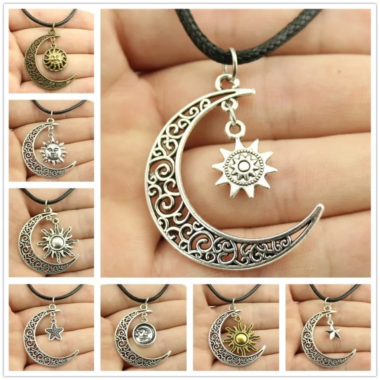 

New Fashion Jewelry Chain Link Design Crescent Moon Sun Star Leather Chain Necklace For Women Girl Nice Gift