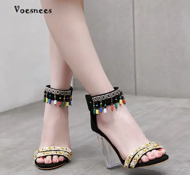 

New Summer Woman Sandals High-Heel 10.5cm Fashion Crystal String Bead Female Sandals Fish Mouth Open Toe Sexy Flock Lady Sandals