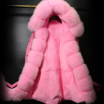 

Europe Women's High Fashion Winter Luxury Large Real Fox Fur Hooded Cuff and Rabbit Fur Liner Thick Long Parkas Jackets Coats