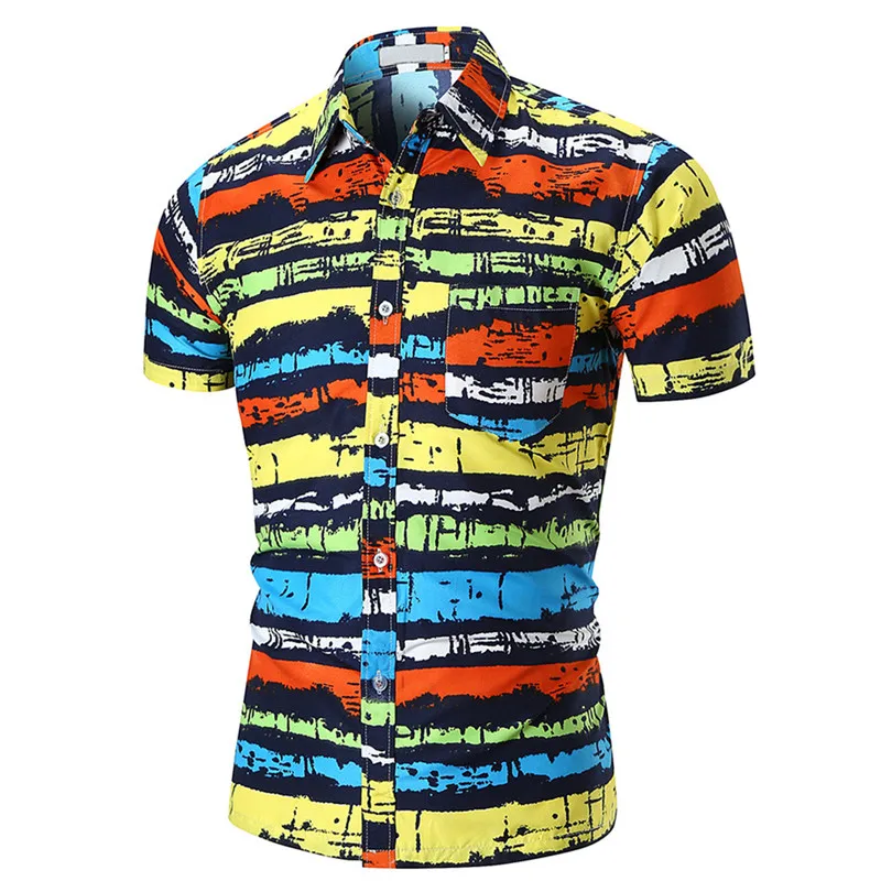 

Men's Colorful Printed Beach Short-sleeved Shirt Casual Men Cotton Printed Wild Short-sleeved Shirt For Male 2018 New
