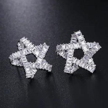 

New Fashion Silver Twine Star Cubic Zirconia Crystal Big Stud Earrings Luxury Full Square Stone Hollow Earirng For Women Jewelry