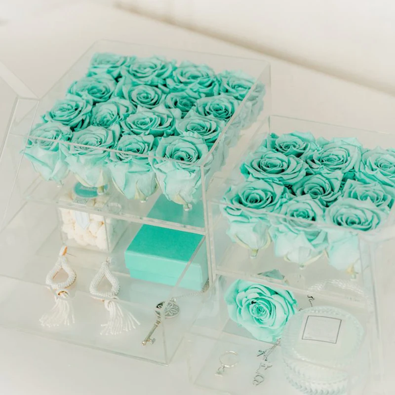 

Clear Acrylic Blue Rose Box Makeup Organizer Cosmetic Case Rose Flower Box with Flowers Drawer Customize Valentine's Day Gifts