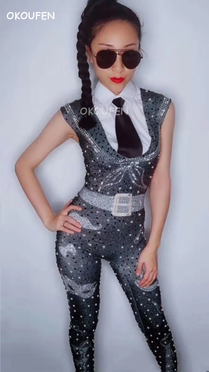

Nightclub female singer tooling uniforms party show false tie shirt stretch Jumpsuits stage costumes women