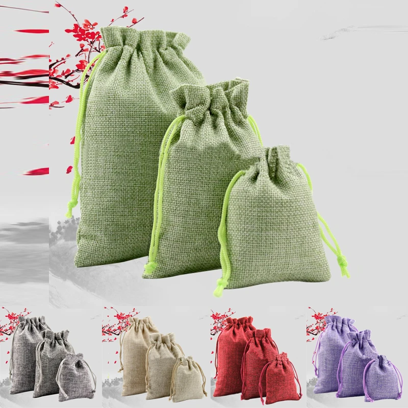 

50pcs Wedding Burlap Jute Linen Birthday Party Favor Candy Gift Bag Drawstring Pouch Red/Green/Linen/Gray/Purple Shower Supplies