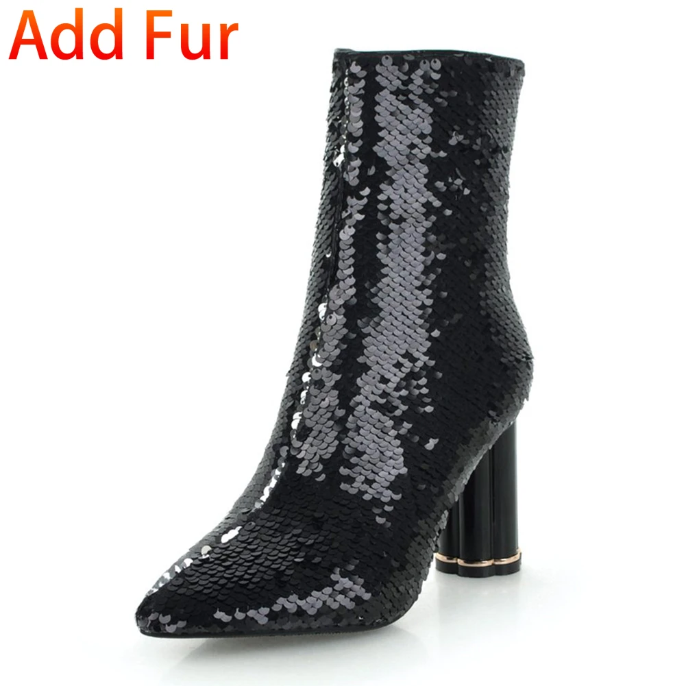 DoraTasia Fashion Sequined Cover Ankle Boots Female Autumn Winter Shoes Pointed Toe High Heels Boots Women Shoes - Цвет: black thick fur