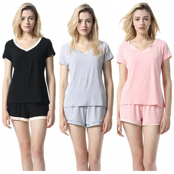 

Modal simple and generous pajamas suit female summer V-neck short-sleeved shorts loose wear home service Y811