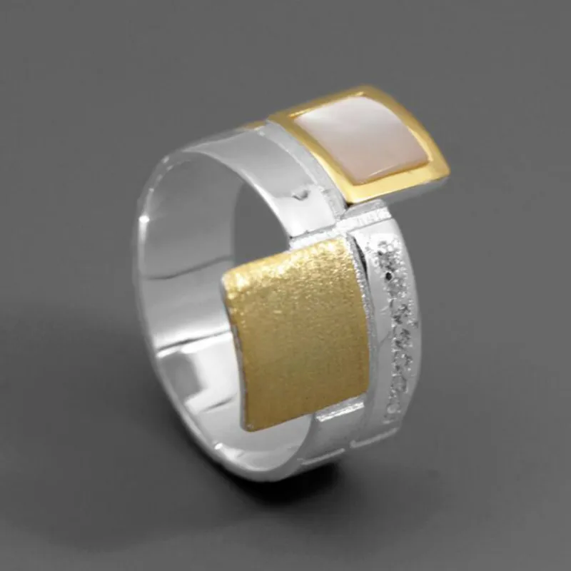 

JINSE Real 925 Sterling Silver Natural Shell Handmade Designer Fine Jewelry Simple Staggered Square Slice Rings for Women