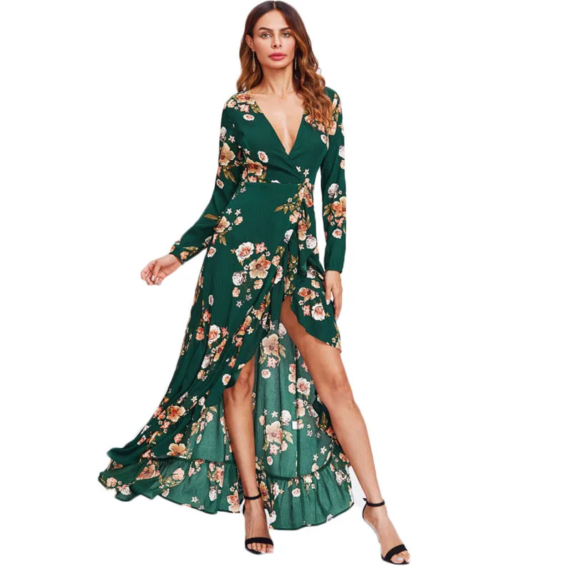 Maylina ретро Boho Цветочные оборками Макси платье с глубоким v образным вырезом