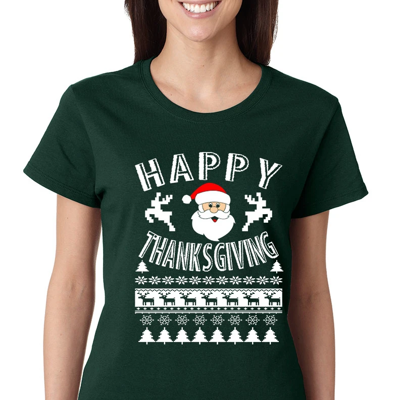 Women's T Shirt Happy Thanksgiving Ugly Santa Holiday Gift (1)