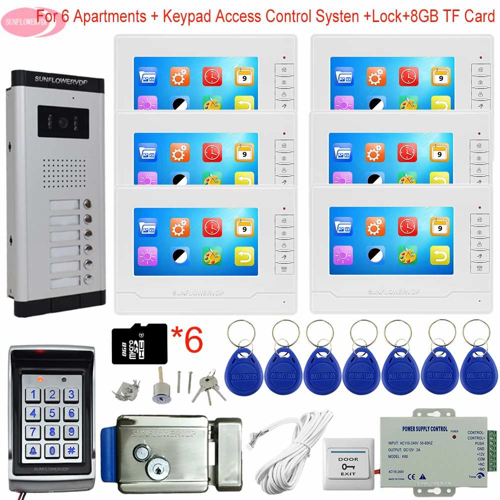 7\ Video Intercom With Recording + 8GB TF Card Video Door Phone Intercom System Keypad Access Control Doorbell+Electronic Lock