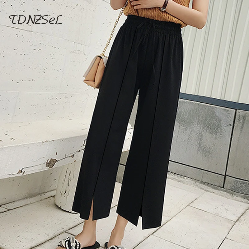 Women Black Simple Elastic High Waist Ankle Length Pants