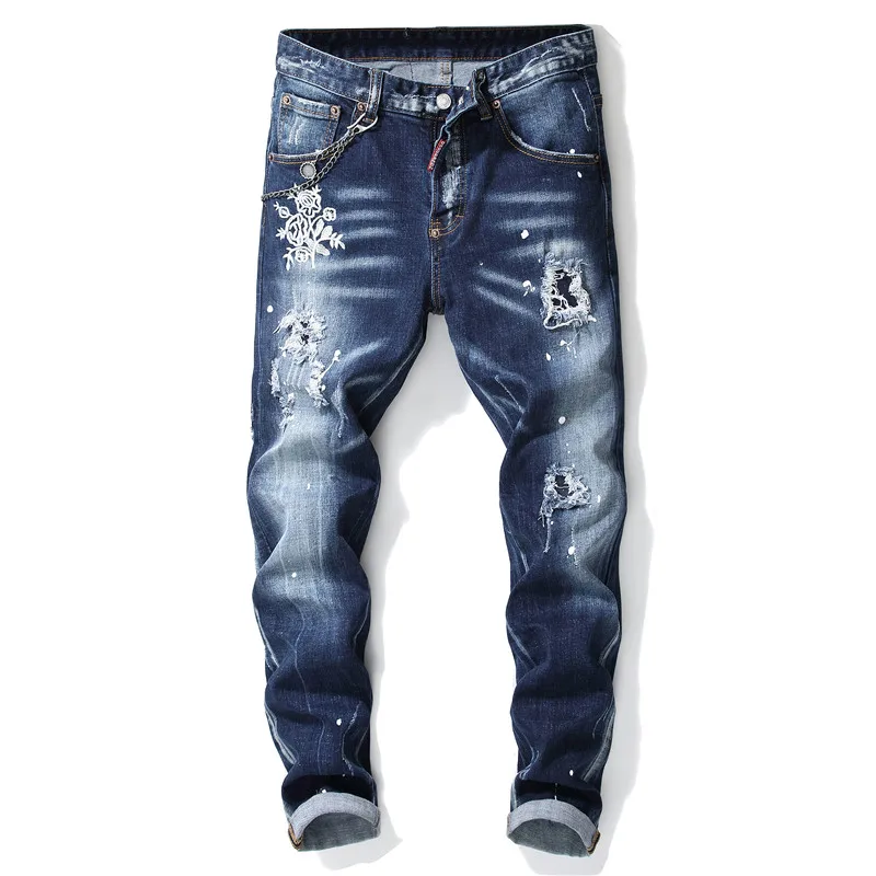 

Torn ripped mens jeans blue embroidery slim skinny jeans no stretch pants men trousers clothes hip hop streetwear Autumn Winter
