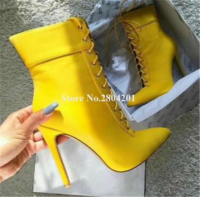 

Women Elegant Fashion Pointed Toe Suede Leather Stiletto Heel Short Gladiator Boots Lace-up Yellow Ankle Booties Heels