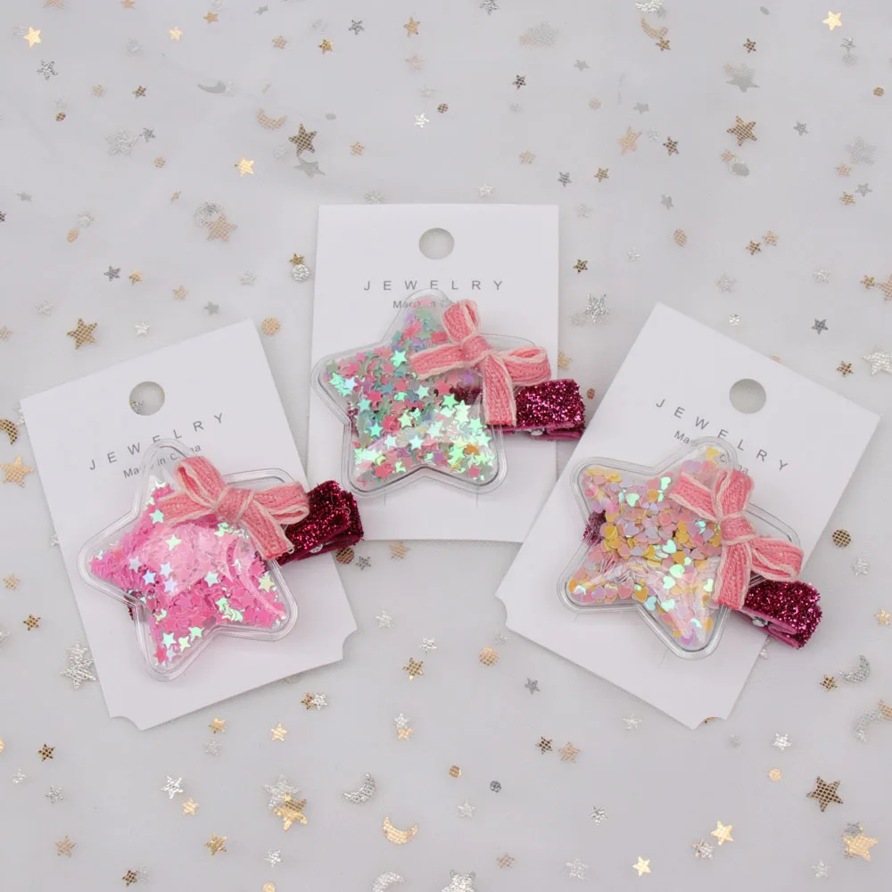 

AHB Hair Accessories Korean PVC Hair Barrettes for Girls Cute Bowknot Glitter Stars Hairpins Girls Gift BB Hair Clips Kids Gift