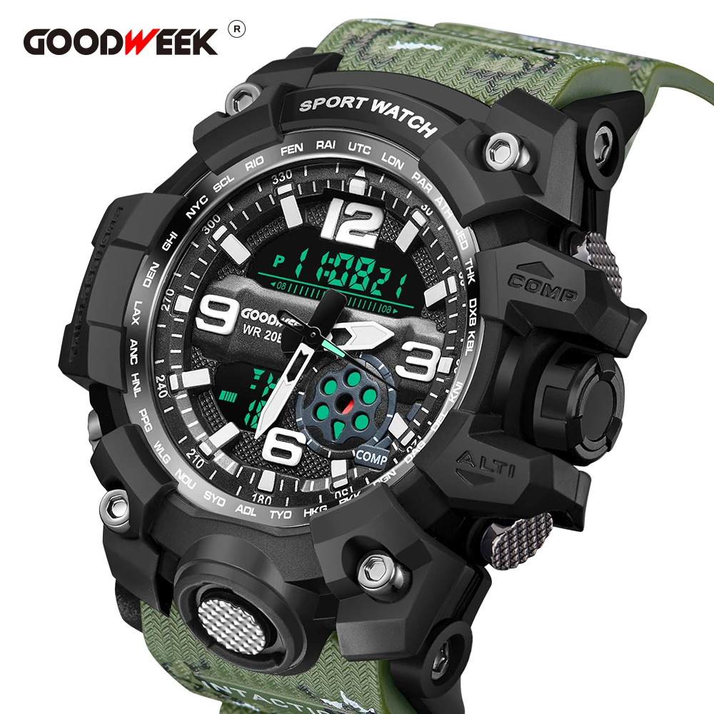 Kaufen GOODWEEK Männer Sport Uhren Wasserdicht Armee Militär Uhren Digital Dual Display Uhren G Stil Schock Relogios Masculino