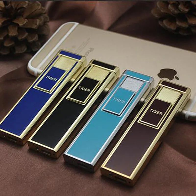 

Tiger Electronic Cigarette Lighter Windproof Men Smoking Lighter USB Rechargeable Flameless Thunder Ultra-thin Pulse Arc Lighter