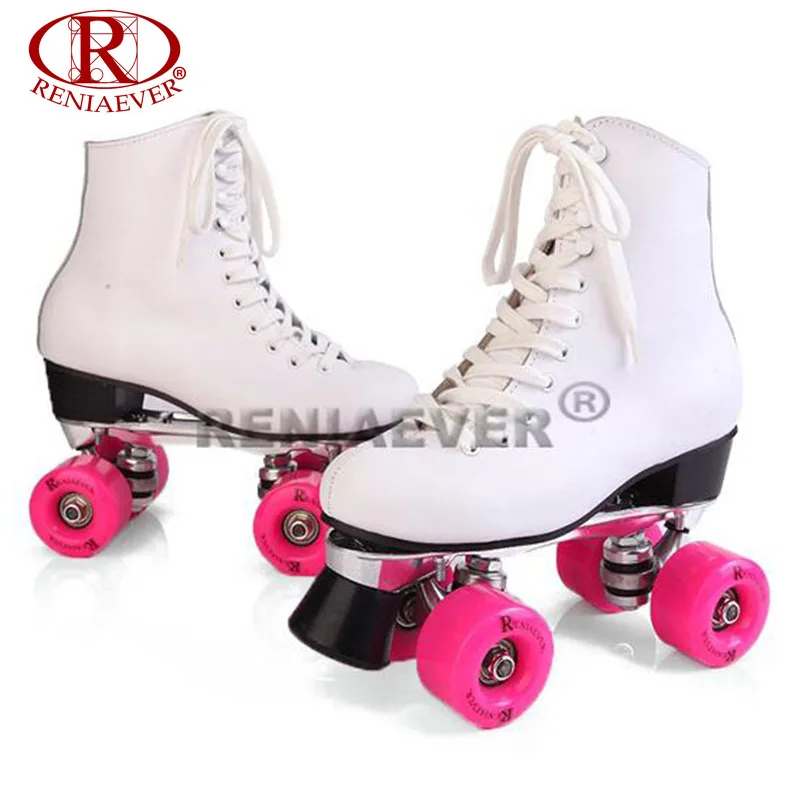 

RENIAEVER Roller Skates White Genuine Leather Double Line Skates Women Lady Metal Base 4 Wheels Two line Skating Shoes Patines