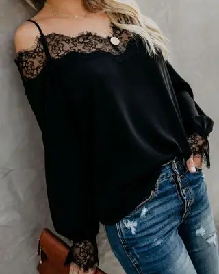 Trendy Women clothes Long Sleeve Casual Loose Ladies Lace T-Shirts Polyester strap off shoulder Tops one pieces