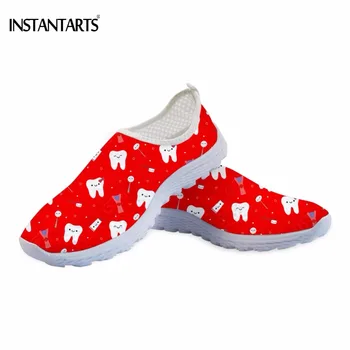

INSTANTARTS Fashion Red Slip On Mesh Flats Shoes Girls Cute 3D Cartoon Dentist/Teeth Print Lightweight Sneakers Casual Footwear