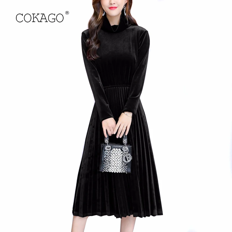 

COKAGO Solid Long Sleeve Gold Velve Dress Plus Size Women High Waist Pleated Dress Autumn Winter Turtleneck Long Dresses Evening