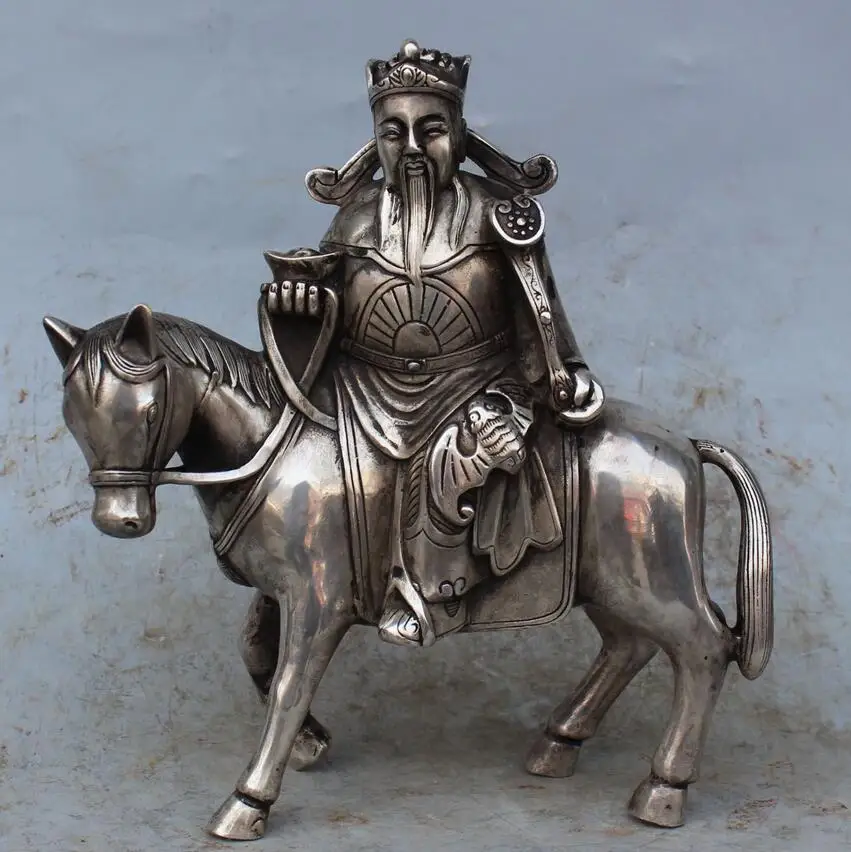 

6710974++10" Chinese Silver Wealth Mammon God Hold Yuanbao Ruyi Ride On Horse Sculpture