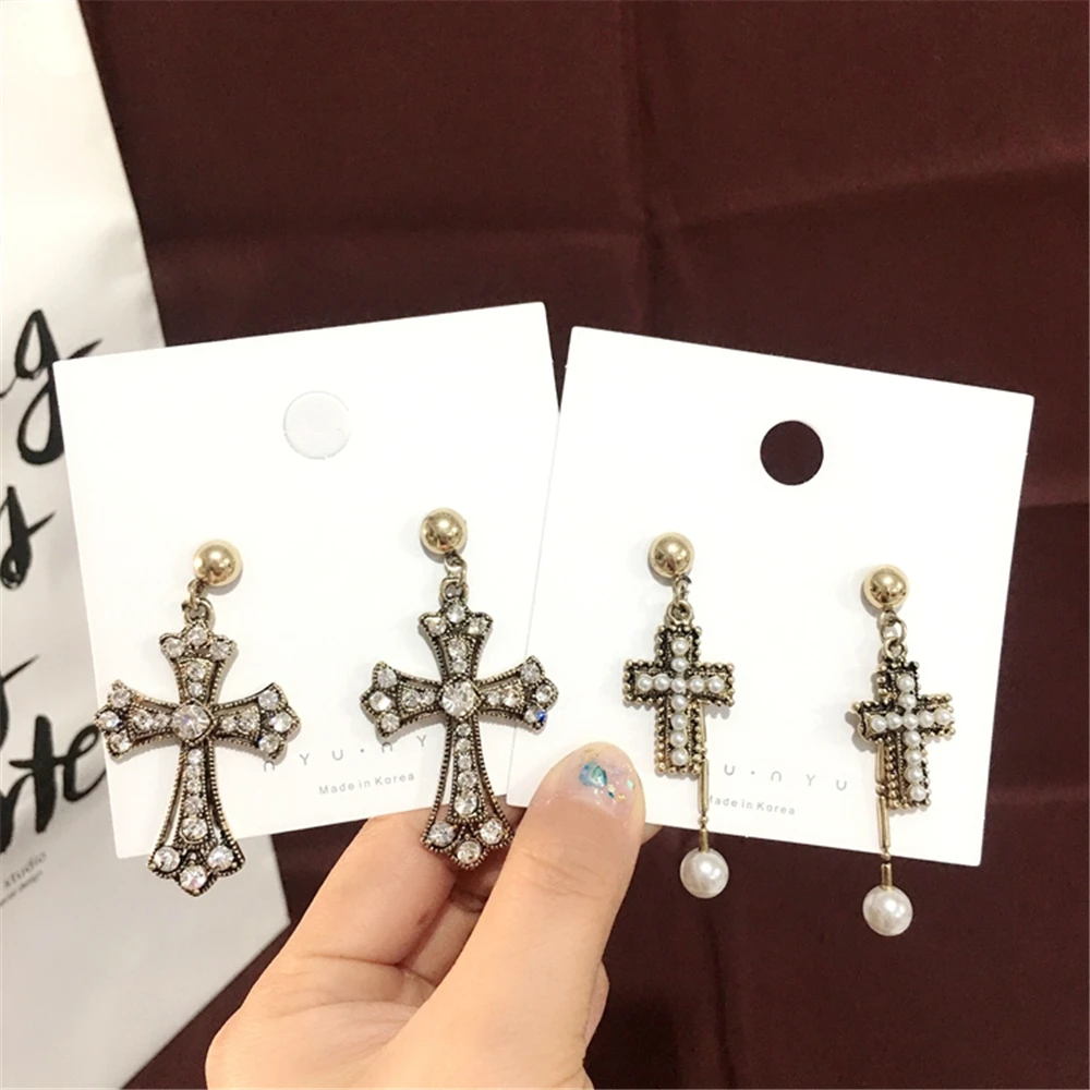 

EVBEA Punk Style Cross Earring Long Gold Color Simple Design Long Drop Earring Imitation Pearl Geometric Cross Earring For Women