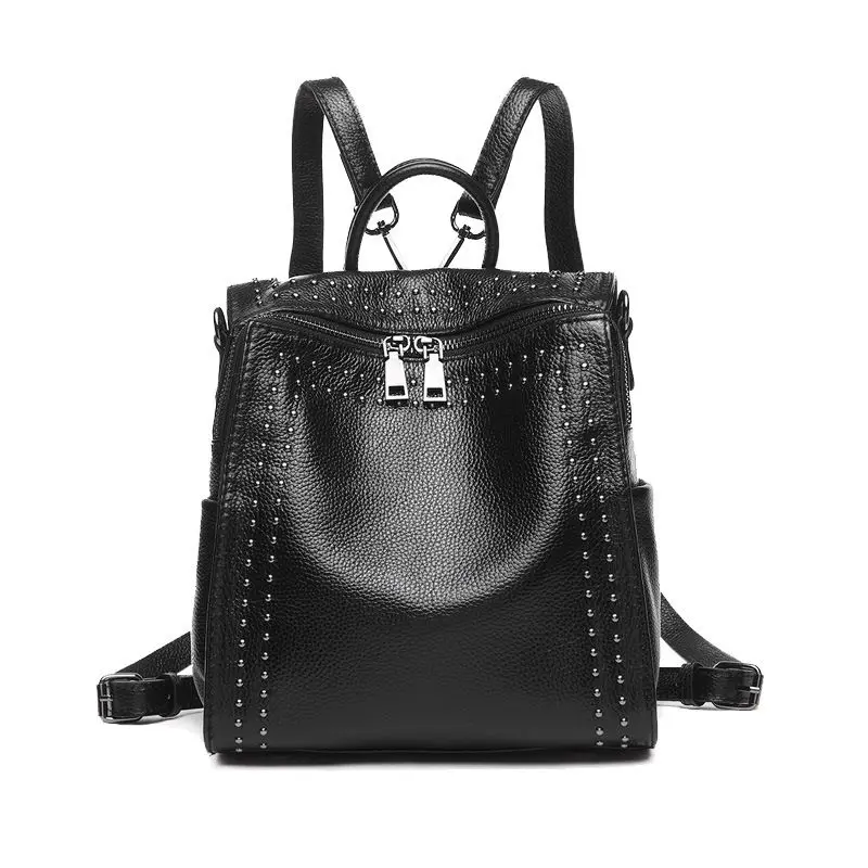 

LOEIL Leather shoulder bag female large-capacity first layer cowhide Korean rivet college wind travel female backpack bag