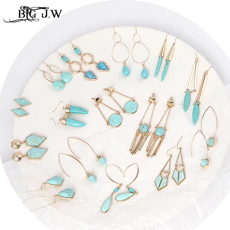 

BIG J.W Trendy Hanging Earrings with Stones Gold Color Alloy Geometric Synthetic Stone Dangle Tassel Earrings Fashion Jewelry