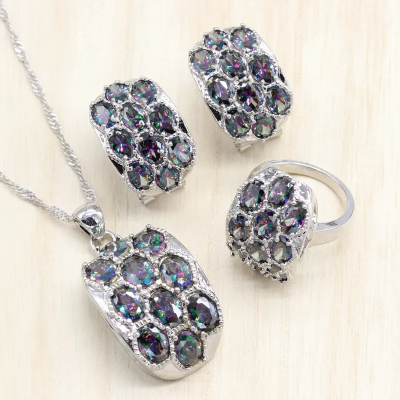 

925 Sterling Silver Women Jewelry Sets Rainbow Cubic Zircon Earrings/Pendant/Necklace/Ring Free Gift