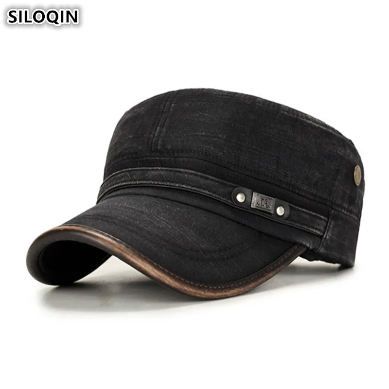

SILOQIN Adjustable Size Men's Summer Hat Fashion Retro Flat Caps Washed Cotton Military Hats For Men Brands Bone Snapback Cap