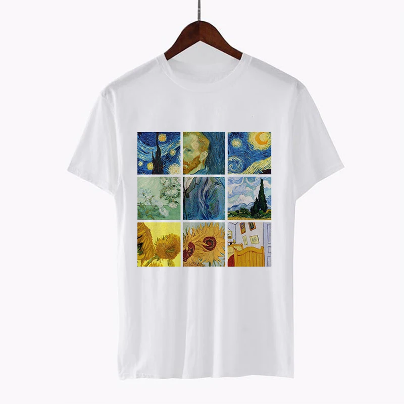 2018 Harajuku Summer Autumn Tops Van Gogh Art Oil Painting Lattice Print Casual T Shirts White O-Neck Streetwear Tshirts Clothes Tops