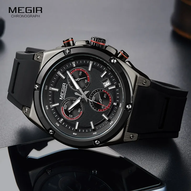 Megir الرجال الأسود سيليكون الرياضة الكوارتز المعصم الساعات مضيئة Relojios Relojes للماء كرونوغراف ساعة Montres Q2073G-BK-1 Megir الرجال الأسود سيليكون الرياضة الكوارتز المعصم الساعات مضيئة Relojios Relojes للماء كرونوغراف ساعة Montres Q2073G-BK-1