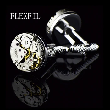 

FLEXFIL jewelry shirt cufflink for mens cuff button white-color watch movement cuff link High Quality abotoadura Free Shipping