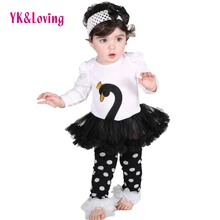 2016 Nouvelle Mode Bébé Filles Tutu Robe Corps Swan Imprimer à Manches longues Robes À Volants Enfants Vêtements Lunettes 4 Pcs/ensemble automne