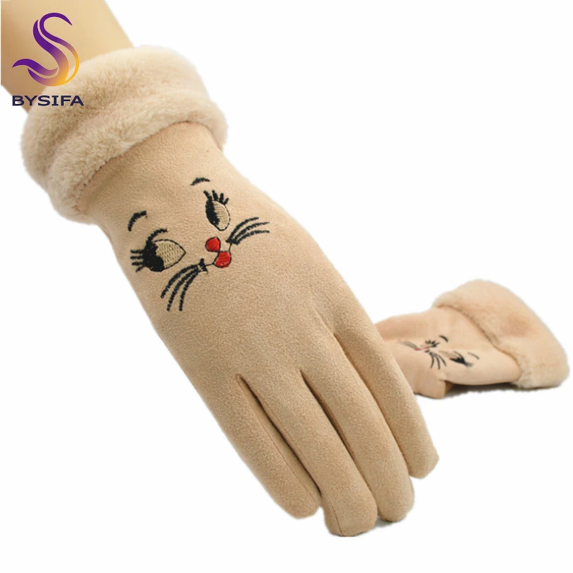 

[BYSIFA] Women Khaki Suede Gloves Fashion New Cute Cartoon Cat Design Embroidery Gloves Plus Velvet Warm Ladies Mitten Gloves