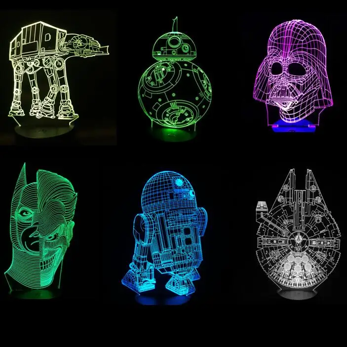 3D иллюзия из Звездных войн светодиодный светильник BB8 Уокер Дарт Вейдер R2D2 Сокол