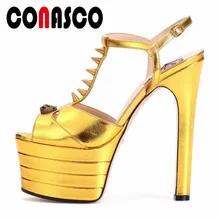 CONASCO Summer Sexy Women Sandals Rivet Flatform Style High Heels Prom Wedding Nigh Club Shoes Woman T-Strap Fashion Sandals