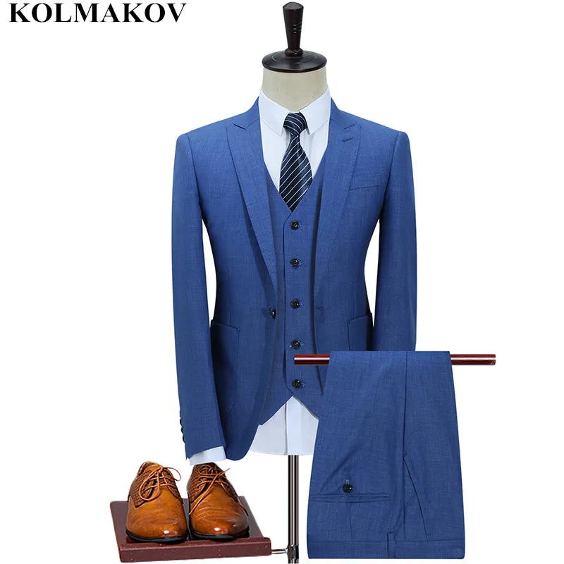 (Куртка + жилет брюки для девочек) KOLMAKOV для мужчин's костюмы с одной пуговицей S-5XL Высокое качество мужчин костюмы комплект повседневное