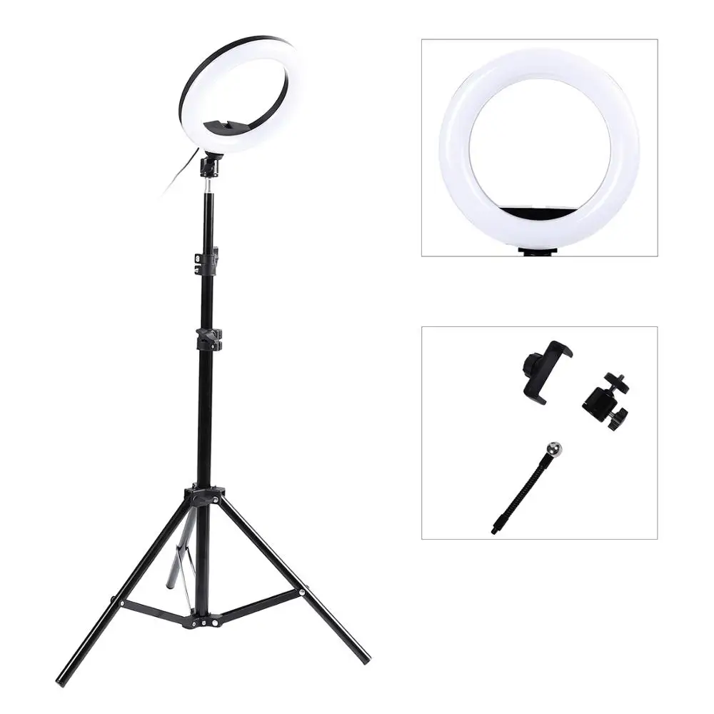 Фотография СВЕТОДИОДНЫЙ Selfie кольцевой светильник 8 дюймов с регулируемой яркостью камера телефон кольцо лампа с подставкой штативы для макияжа видео для студий с живым звуком