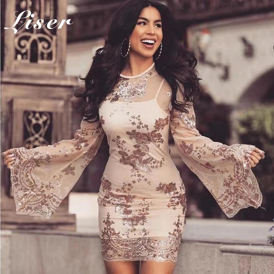 

Liser 2019 New Summer Women Dress O Neck Sequined Mesh Dress Sexy Bodycon Elegant Evening Party Beige Dresses Vestidos Wholesale
