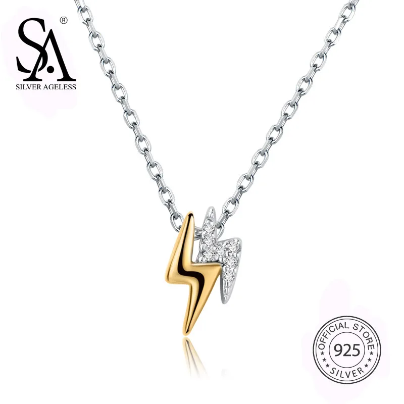 

SILVER AGELESS Real 925 Sterling Silver Lightning Gold Color Chain Necklace AAA Zirconia 925 Silver Choker Necklace For Women