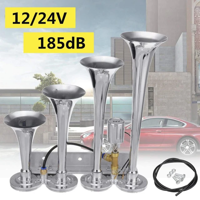 12V / 24V 185Db 4 / Four Super Trumpet Chrome Auto Car Air Horn Set For Car Vehicle Truck Train Boat Yacht Suv Bike 60-150 Psi