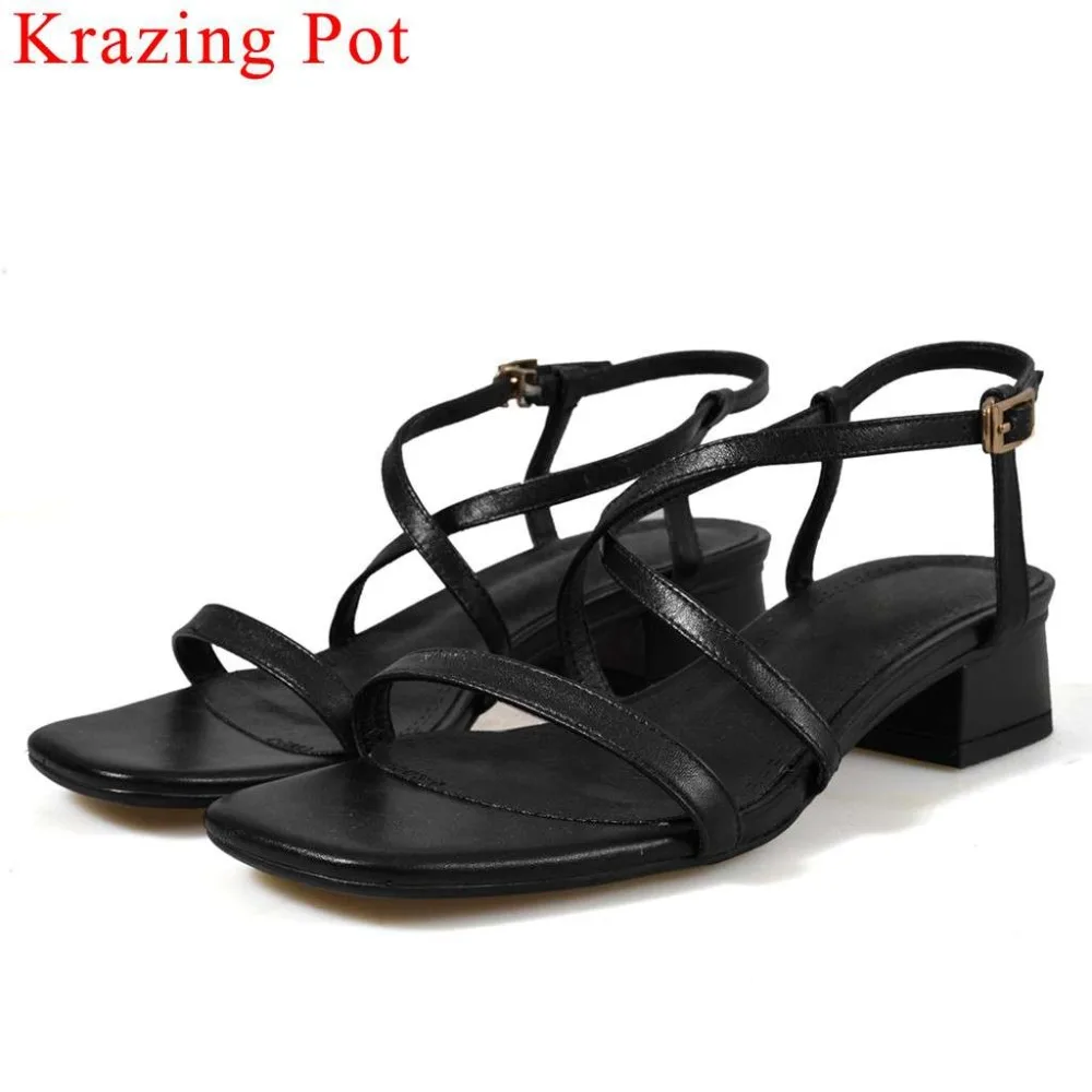 

Krazing Pot natural leather buckle strap low heels sexy peep square toe concise style women sandals vintage gladiator shoes L03