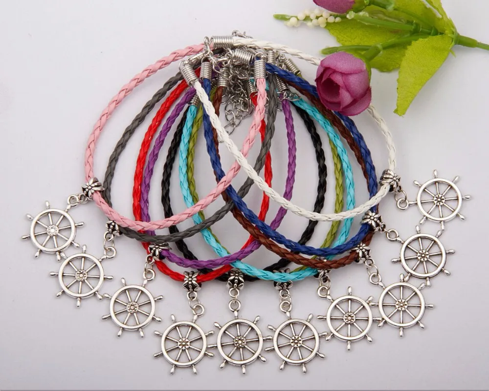 

New Fashion Jewelry Vintage Silver Anchors Steering Wheel Charm Multicolor Braided Rope Protection Bracelets Bracelet 50pcs E213