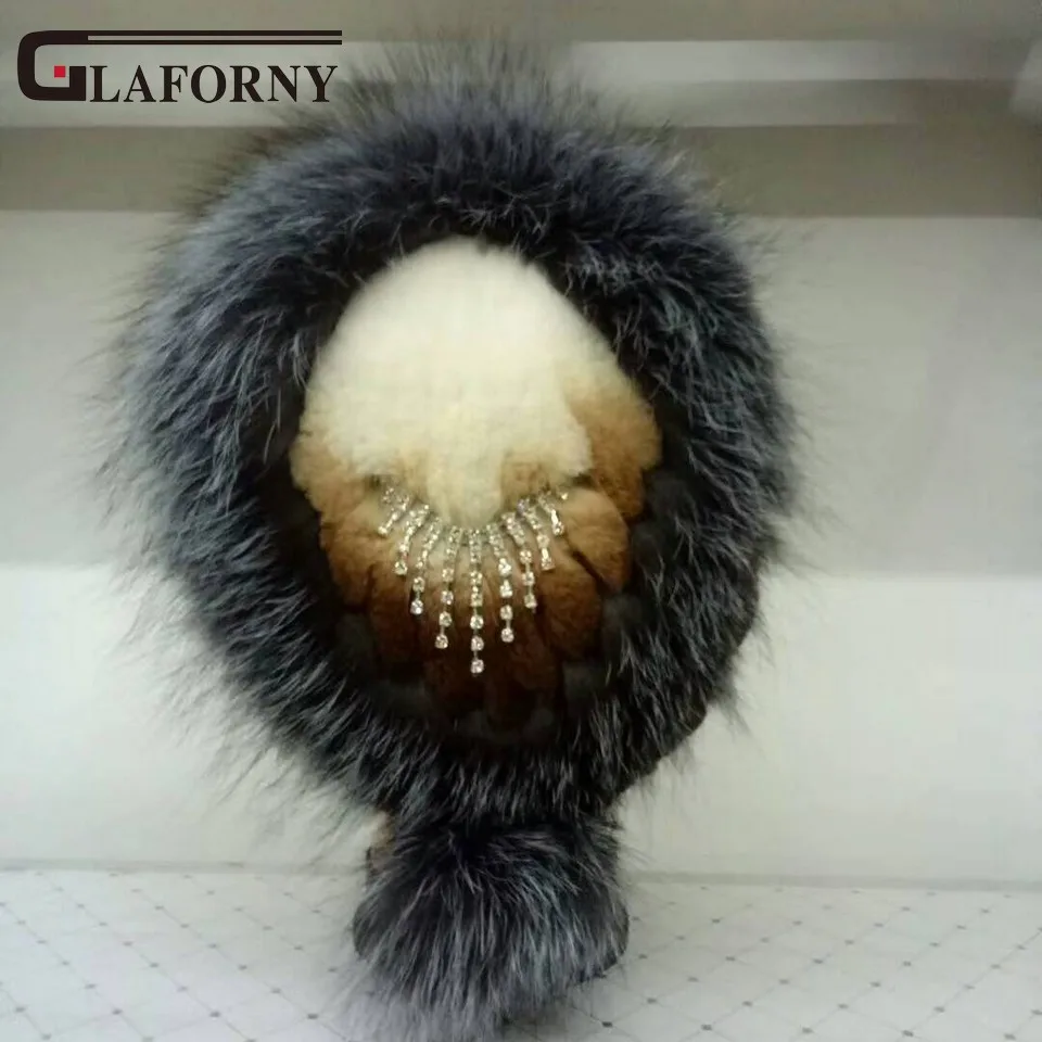 Glaforny женские шапки из кроличьего меха с бриллиантами, серебристые меховые шапки с лисьим мехом сзади, шапки с принтом из натурального меха, женские русские теплые шапки