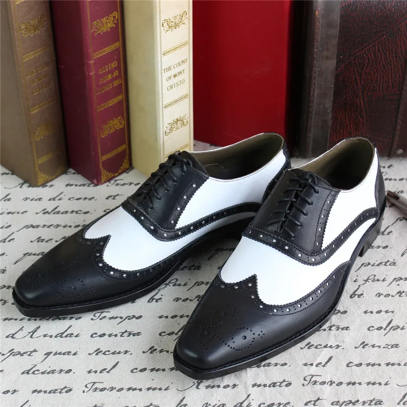 MALONEDA Bespoke White Match Black Genuine Leather Handmade Goodyear Brogue Oxfords Formal Dress Shoes For Men EUR size 37-47
