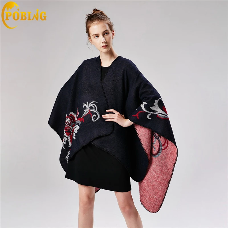 

POBING Women Poncho Winter Cashmere Scarf Flowers Print Scarves Luxury Brand Stoles Pashmina Shawl Wrap Wram Lady Cape Bufandas