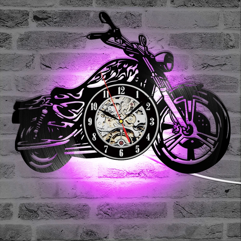 Preise 3D Kreative Klassische Schallplatte Uhr Motorrad Fans Geschenk Hohl Motorrad Form Wand Kunst Motorrad Rider LED Uhr
