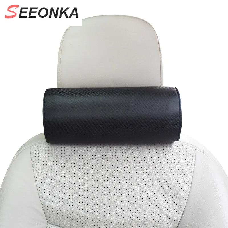 

High Quality Soft Microfiber Leather Car Headrest Neck Support Cushion with Straps Black Memory Foam